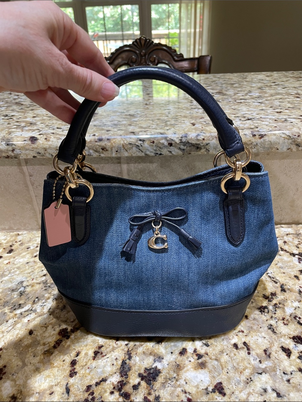 Coach Denim and Navy Leather Mini Hand Bag With Pink Rosette Interior